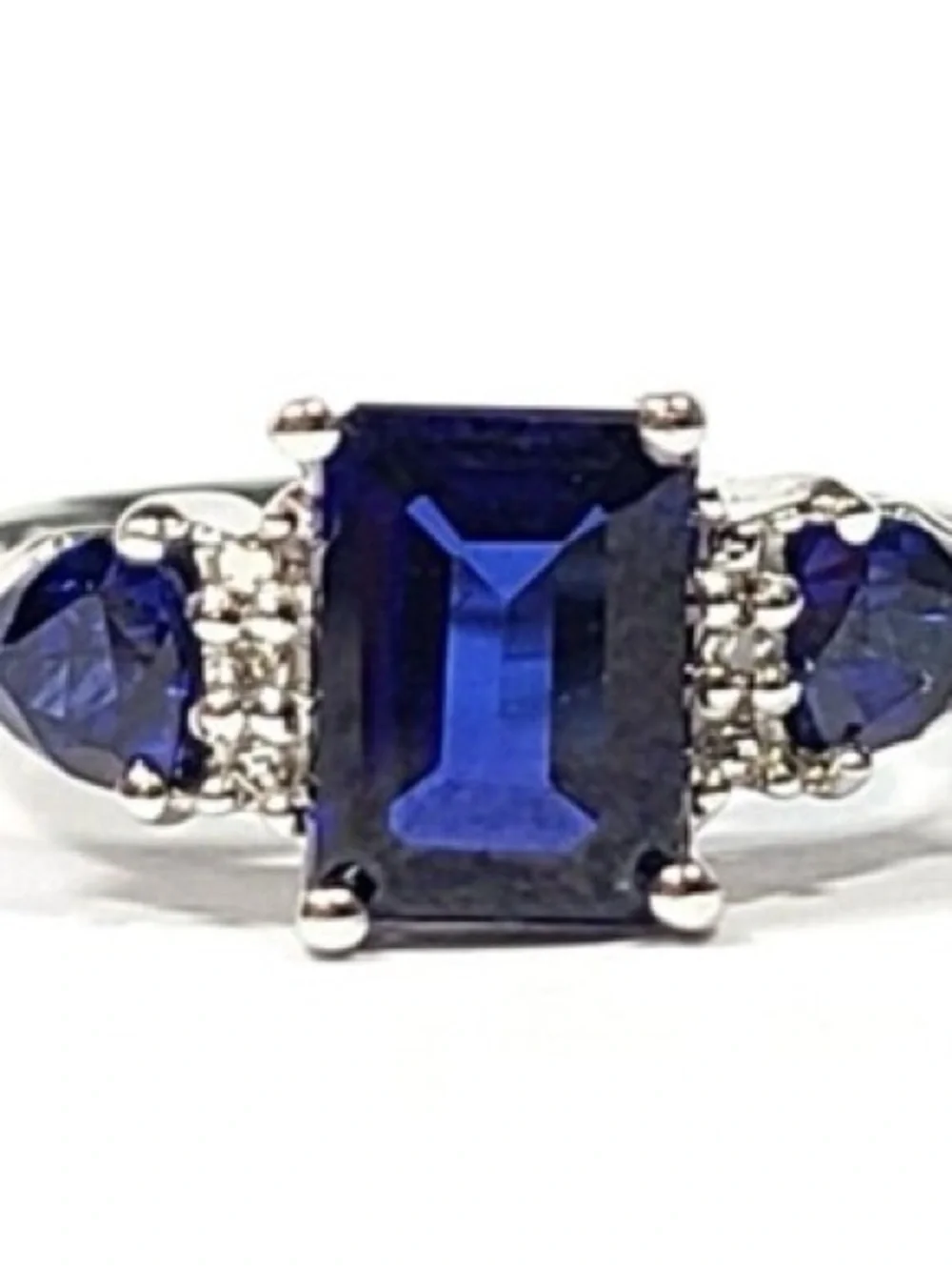 Sapphire Emerald-Cut Crystal Ring with Side Stones. Sterling Silver stamped